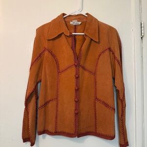 Vintage 70s Boho Burnt Orange Suede Leather & Crochet Trim Jacket Size M